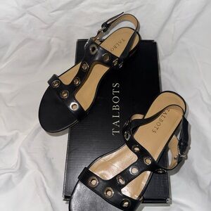 Talbots Black Leather Sandals with Gold Accents